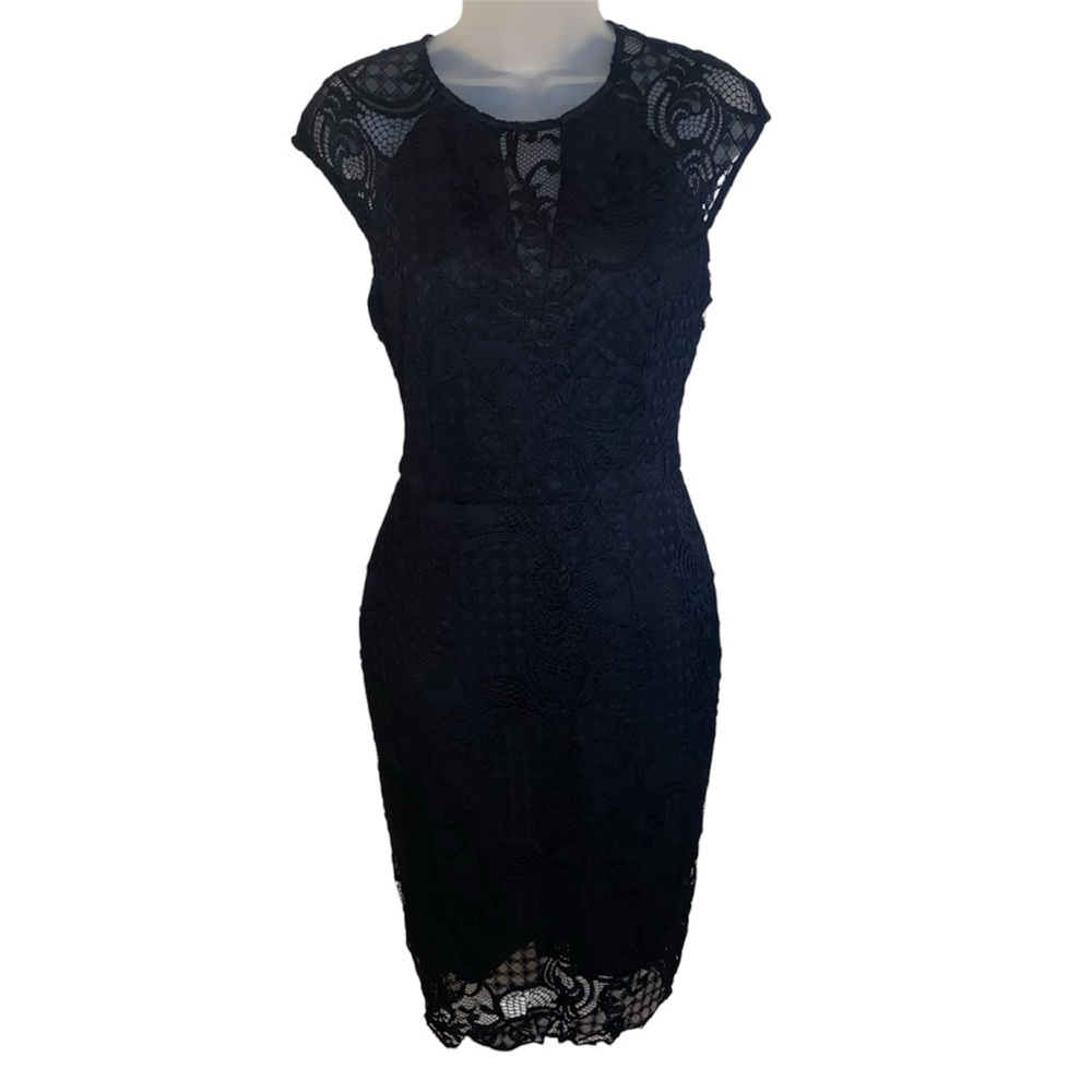 Guess Black Sheath Midi Dress with Cap Sleeves